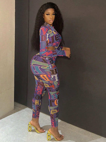 Women's Stand Collar Letter Print Cut Out Waist Tight Jumpsuit