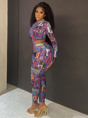 Women's Stand Collar Letter Print Cut Out Waist Tight Jumpsuit