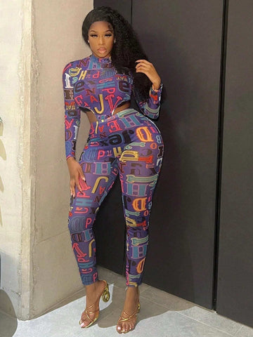 Women's Stand Collar Letter Print Cut Out Waist Tight Jumpsuit