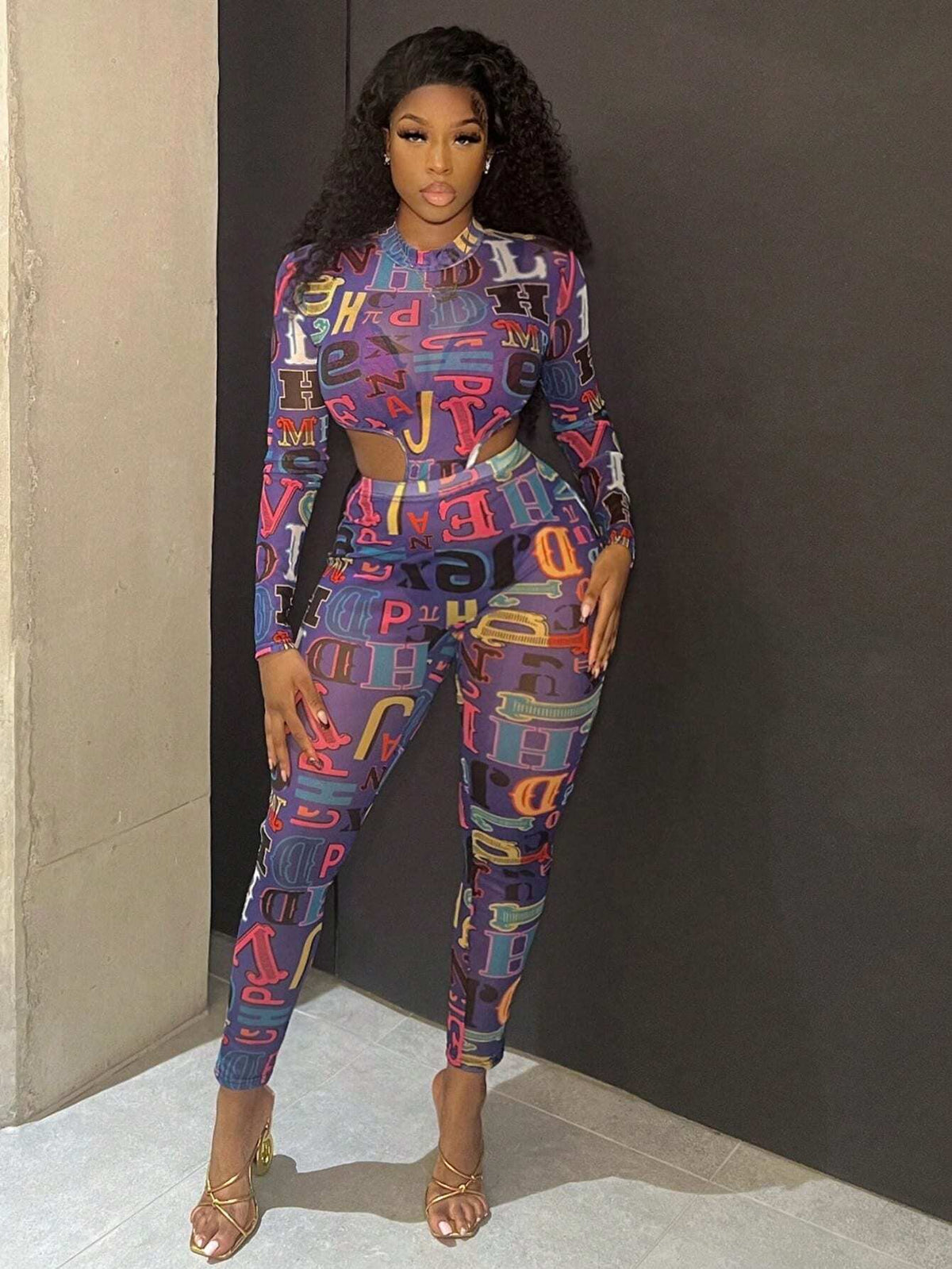 Women's Stand Collar Letter Print Cut Out Waist Tight Jumpsuit