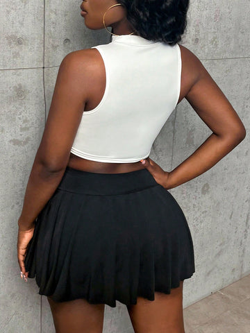 Women's Stand Collar Sleeveless Letter Printed Top & Pleated Mini Skirt Set