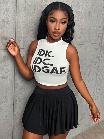Women's Stand Collar Sleeveless Letter Printed Top & Pleated Mini Skirt Set