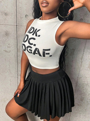Women's Stand Collar Sleeveless Letter Printed Top & Pleated Mini Skirt Set