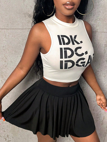 Women's Stand Collar Sleeveless Letter Printed Top & Pleated Mini Skirt Set