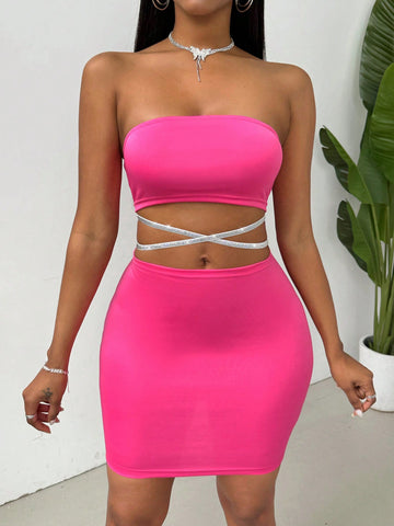 Women's Strapless Cross Front Bodycon Midi Dress With Waist Cutout