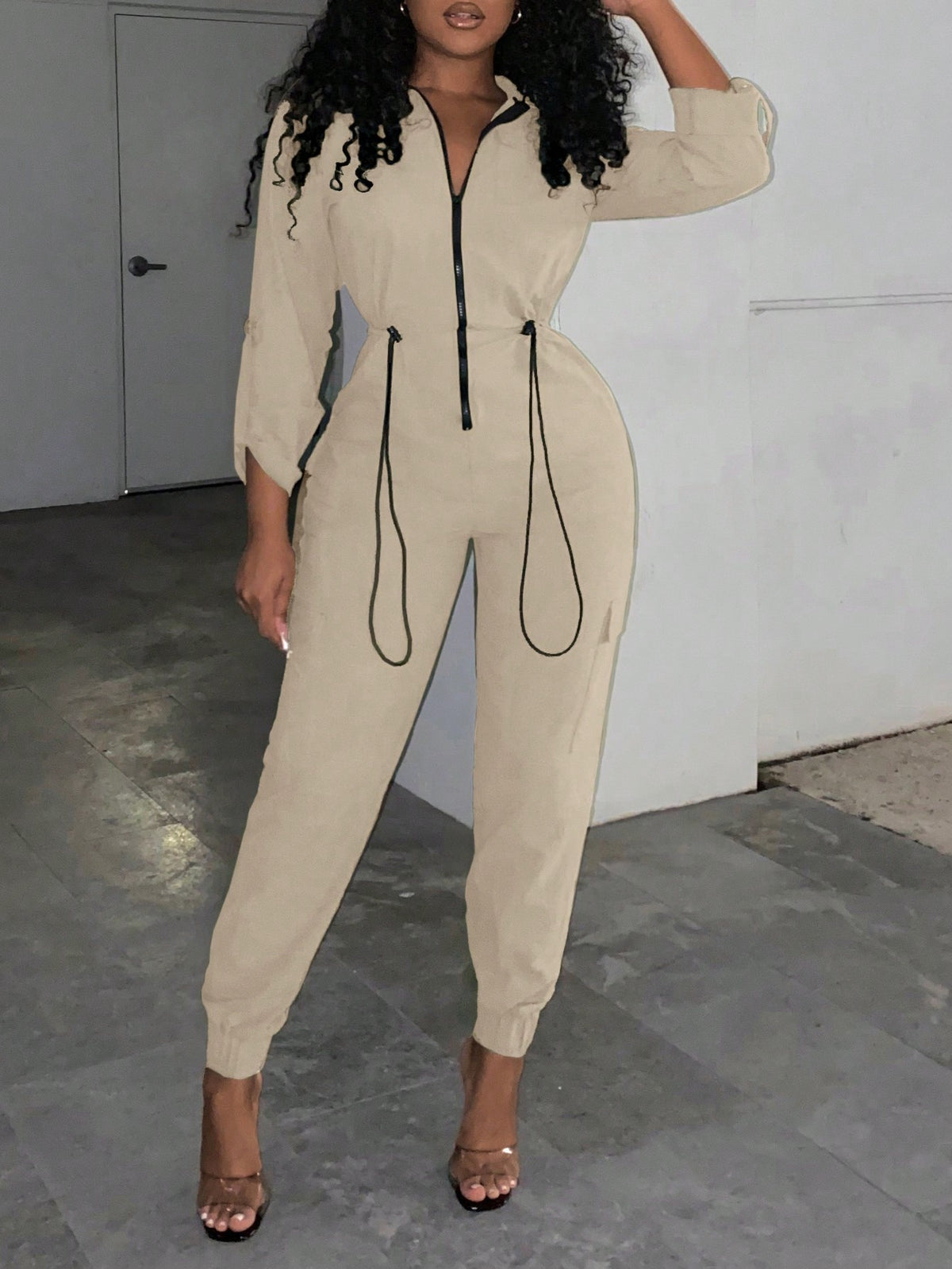 Women's Street Style Flap Pocket Drawstring Waist Zipper Front Jumpsuit