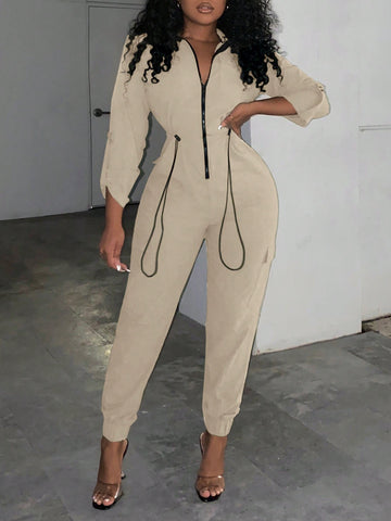 Women's Street Style Flap Pocket Drawstring Waist Zipper Front Jumpsuit