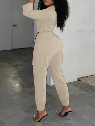 Women's Street Style Flap Pocket Drawstring Waist Zipper Front Jumpsuit