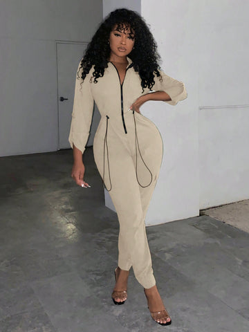 Women's Street Style Flap Pocket Drawstring Waist Zipper Front Jumpsuit