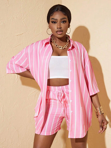 Women's Stripe Shirt And Shorts Two-Piece Set