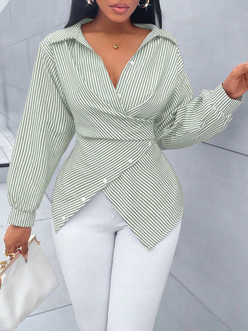 Slayr Women's Striped Print Button Front Shirt,