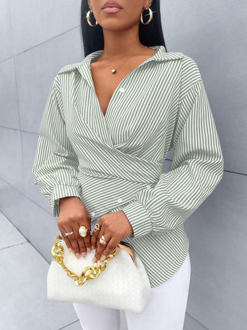 Slayr Women's Striped Print Button Front Shirt,