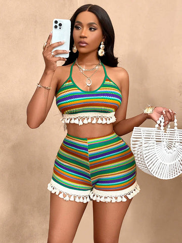 Women's Summer Boho Striped Tassel Trim Tie Backless Halter Top & Shorts(Random Floral)
