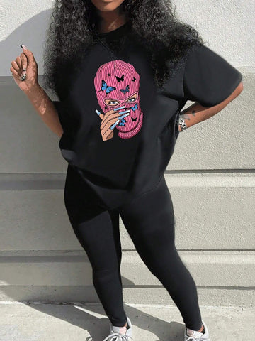 Women's Summer Butterfly Mask & Figure Printed Round Neck Short Sleeve T-Shirt And Pants Casual 2pcs/Set