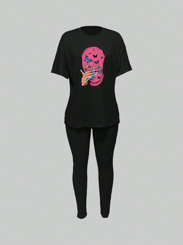 Women's Summer Butterfly Mask & Figure Printed Round Neck Short Sleeve T-Shirt And Pants Casual 2pcs/Set