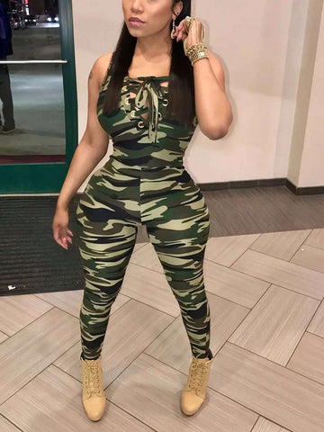 Women's Summer Camo Print Lace-Up Casual Jumpsuit