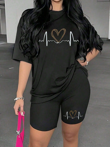 Women's Summer Casual ECG Heart Print Short Sleeve T-Shirt And Shorts Set