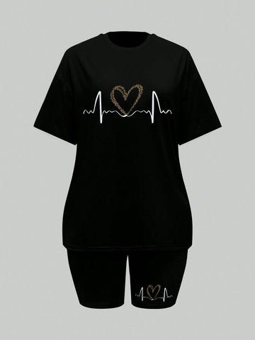 Women's Summer Casual ECG Heart Print Short Sleeve T-Shirt And Shorts Set
