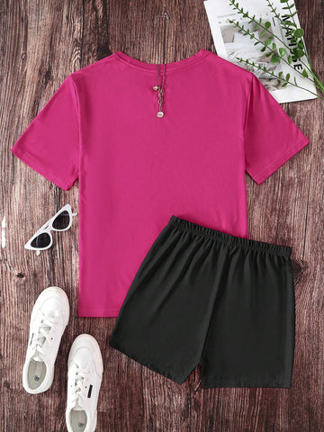 Women's Summer Casual Letter Printed Short Sleeve T-Shirt And Lips Printed Shorts 2pcs/Set