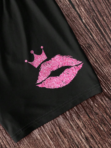 Women's Summer Casual Letter Printed Short Sleeve T-Shirt And Lips Printed Shorts 2pcs/Set