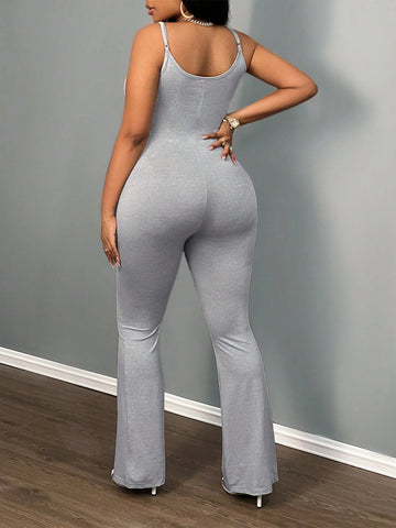 Women's Summer Casual Sports Tight Jumpsuits With Spaghetti Straps And Flared Legs