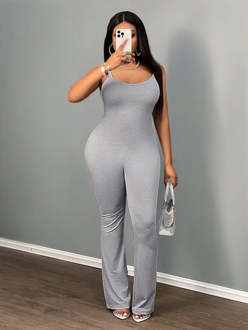 Women's Summer Casual Sports Tight Jumpsuits With Spaghetti Straps And Flared Legs