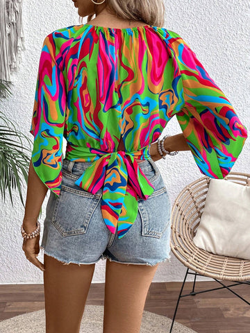 Slayr Women's Summer Fashion Random Printed Bell Sleeve Shirt