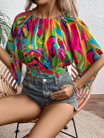 Slayr Women's Summer Fashion Random Printed Bell Sleeve Shirt