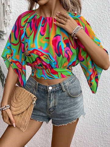 Slayr Women's Summer Fashion Random Printed Bell Sleeve Shirt