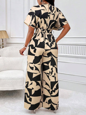 All-Over Print Ruched Jumpsuit With Bat Wing Sleeves (Print Pattern Random)