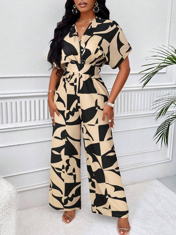 All-Over Print Ruched Jumpsuit With Bat Wing Sleeves (Print Pattern Random)
