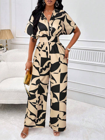 All-Over Print Ruched Jumpsuit With Bat Wing Sleeves (Print Pattern Random)