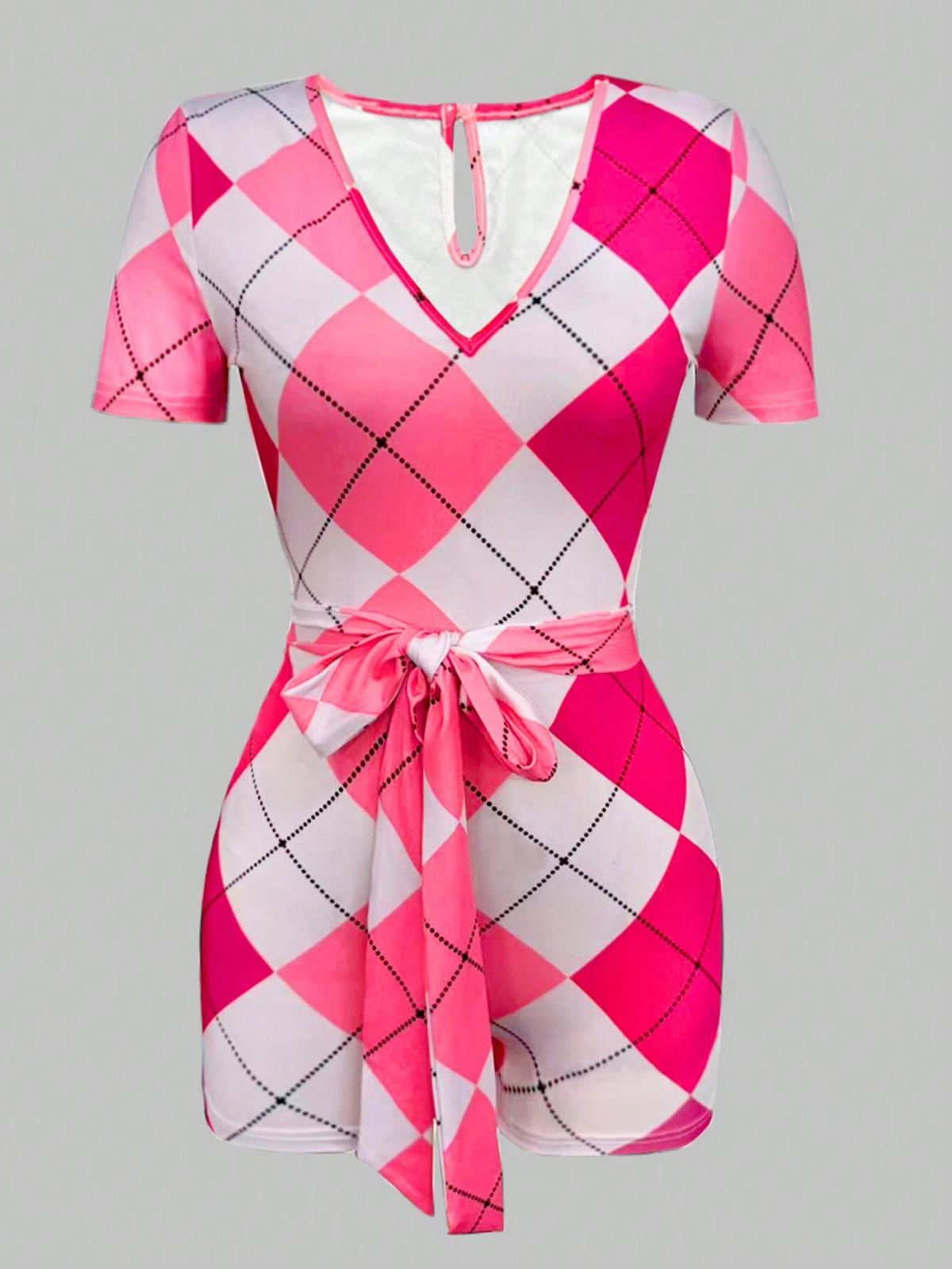 Women's Summer Geometric Print V-Neck Short Sleeve Tie-Waist Casual Jumpsuit