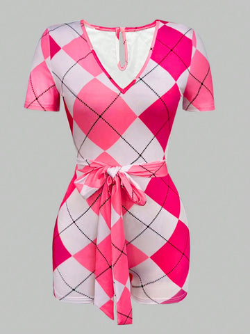 Women's Summer Geometric Print V-Neck Short Sleeve Tie-Waist Casual Jumpsuit