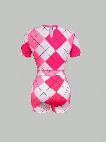 Women's Summer Geometric Print V-Neck Short Sleeve Tie-Waist Casual Jumpsuit