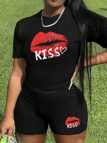 Women's Summer Letter Lip Print Round Neck Short Sleeve Casual T-Shirt And Shorts Set