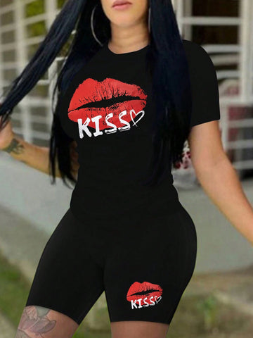 Women's Summer Letter Lip Print Round Neck Short Sleeve Casual T-Shirt And Shorts Set