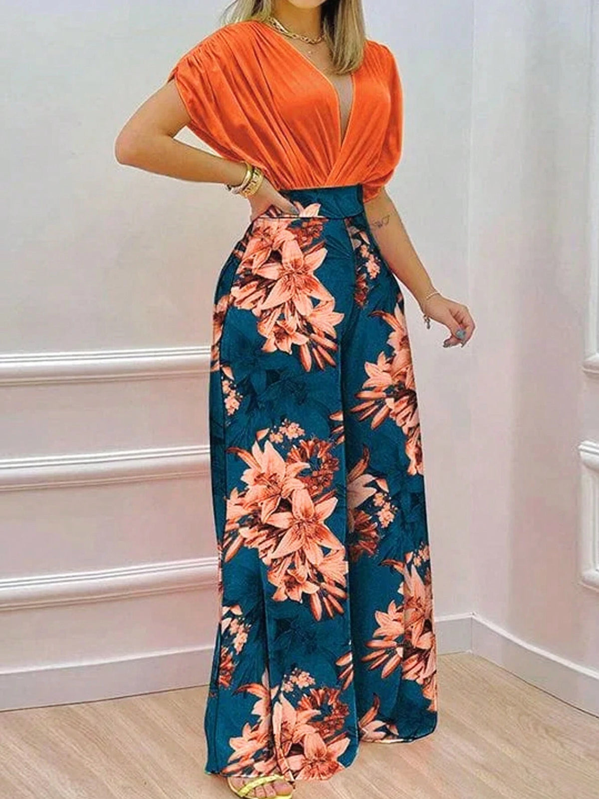 Women's Summer Orange 2pcs Bodycon Batwing Wrap Top And Long Pants Set With Ruched Detail