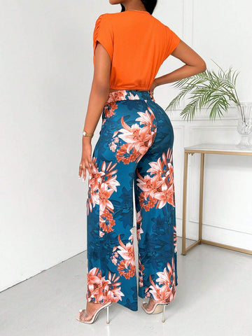 Women's Summer Orange 2pcs Bodycon Batwing Wrap Top And Long Pants Set With Ruched Detail