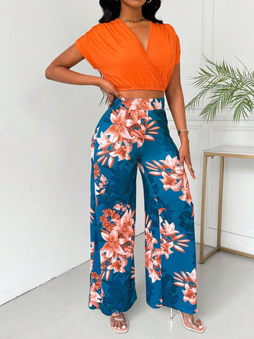 Women's Summer Orange 2pcs Bodycon Batwing Wrap Top And Long Pants Set With Ruched Detail