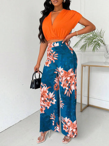 Women's Summer Orange 2pcs Bodycon Batwing Wrap Top And Long Pants Set With Ruched Detail