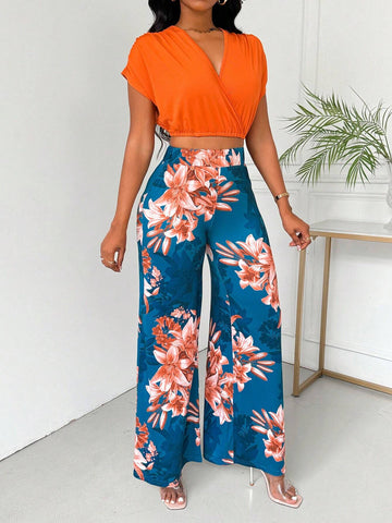 Women's Summer Orange 2pcs Bodycon Batwing Wrap Top And Long Pants Set With Ruched Detail