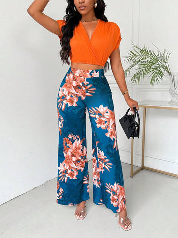 Women's Summer Orange 2pcs Bodycon Batwing Wrap Top And Long Pants Set With Ruched Detail