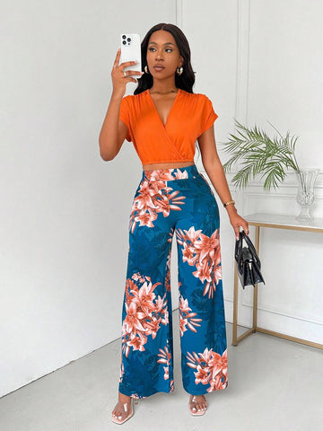 Women's Summer Orange 2pcs Bodycon Batwing Wrap Top And Long Pants Set With Ruched Detail