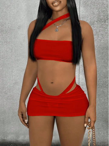 Women's Summer Sexy Solid Color Off-Shoulder Sleeveless Crop Top And Bodycon Mini Skirt Set