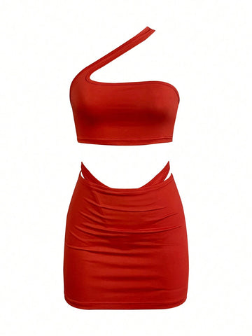 Women's Summer Sexy Solid Color Off-Shoulder Sleeveless Crop Top And Bodycon Mini Skirt Set