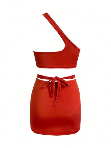 Women's Summer Sexy Solid Color Off-Shoulder Sleeveless Crop Top And Bodycon Mini Skirt Set