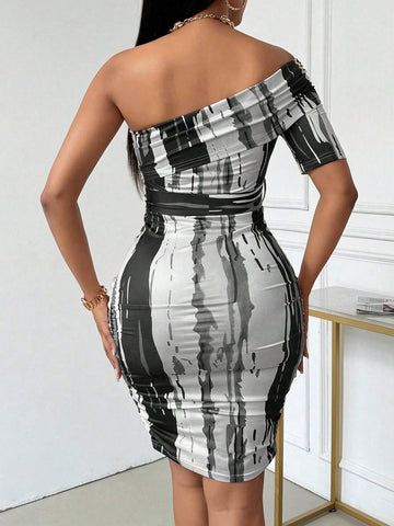 Women's Summer Short Sleeve Bodycon Mid-Length Dress, Asymmetrical Neck, Cinched Waist, Ruched