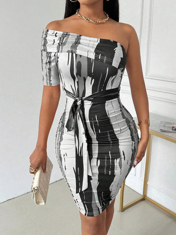 Women's Summer Short Sleeve Bodycon Mid-Length Dress, Asymmetrical Neck, Cinched Waist, Ruched