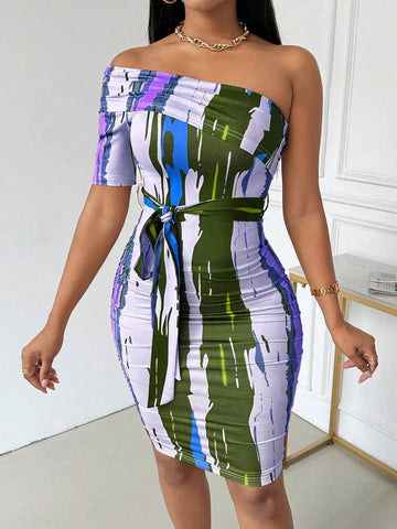 Women's Summer Short Sleeve Bodycon Midi Dress, Asymmetrical Neck, Ruched, Belted Waist